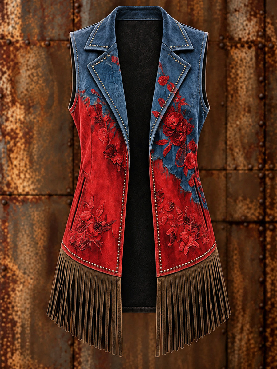 Women's Western Art Print Sleeveless Fringe Jacket